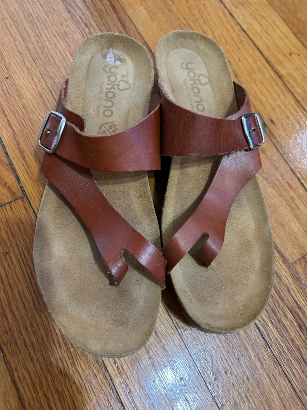 Yokono Brown Saddle Leather Comfort Toe Loop Strap Beach Sandals Women's Sz 9